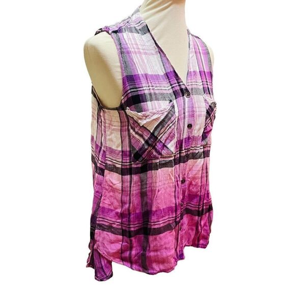 Rock & Republic Purple Checkered Split Back Sleeveless Button Front 100% Rayon B - Picture 5 of 14